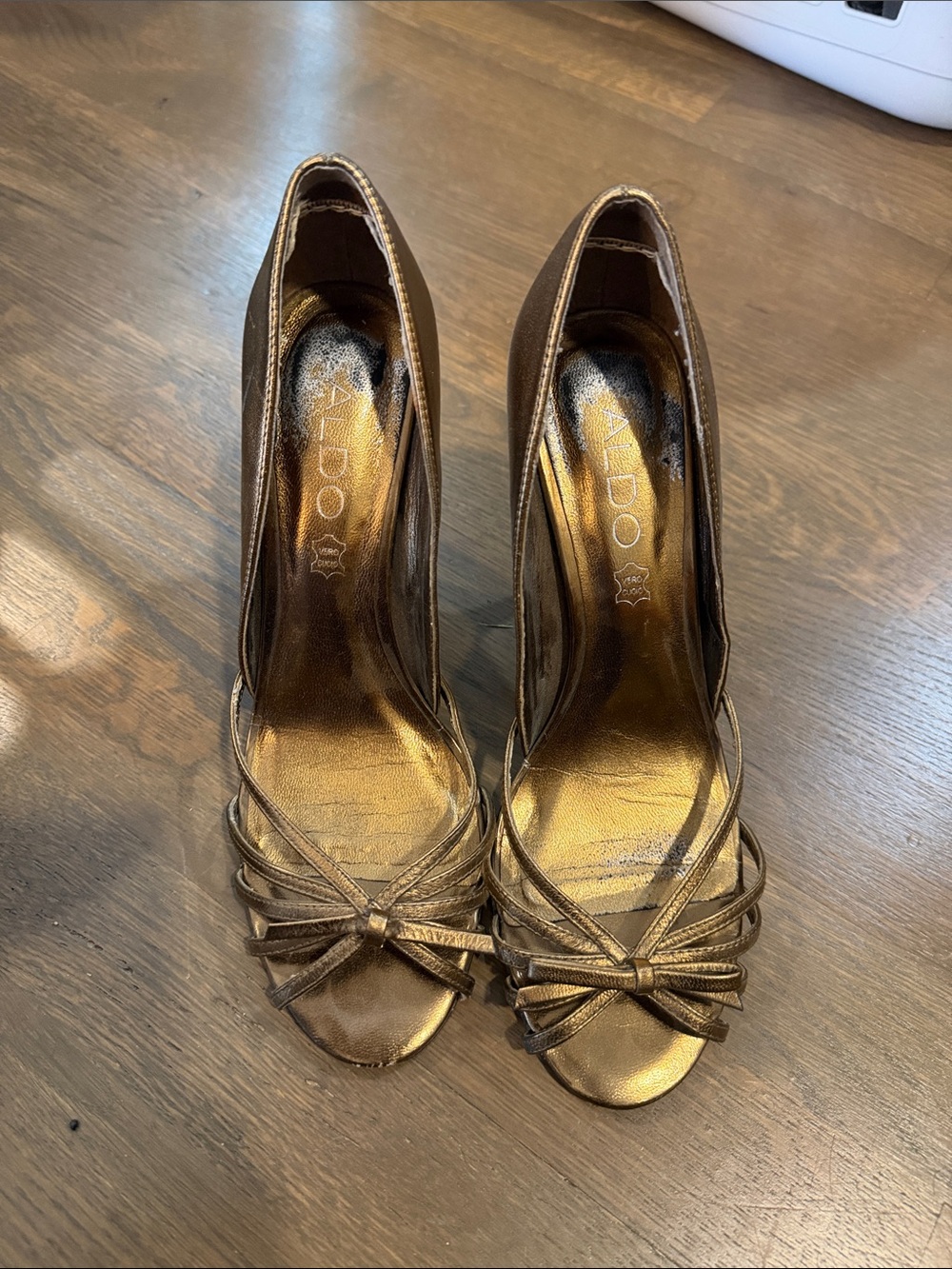 ALDO Bronze Metallic Peep-Toe Knot Heels